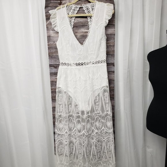 Cupshe Swim Cupshe White Embroidered Lace Maxi Swimsuit Cover Dress